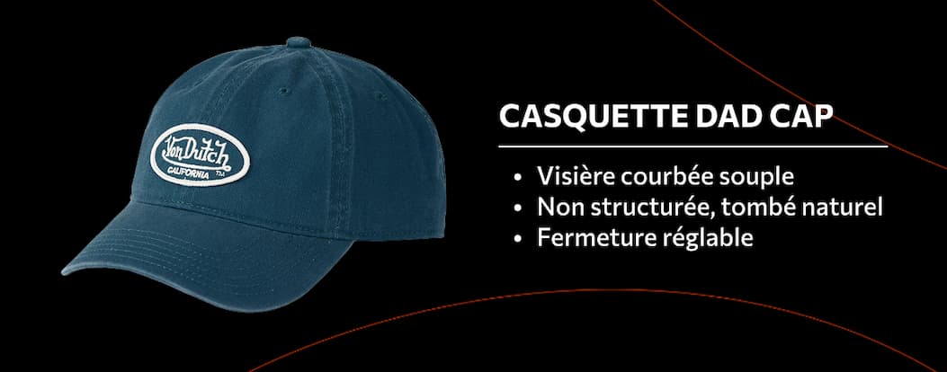 Casquette Dad Cap Visière courbée souple Non structurée, tombé naturel Port casual quotidien