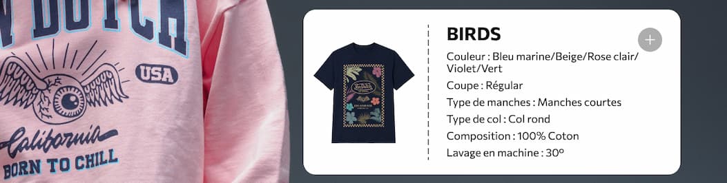 Tee Shirt Bleu coupe Regular Col rond BIRDS | Homme - Vondutch
