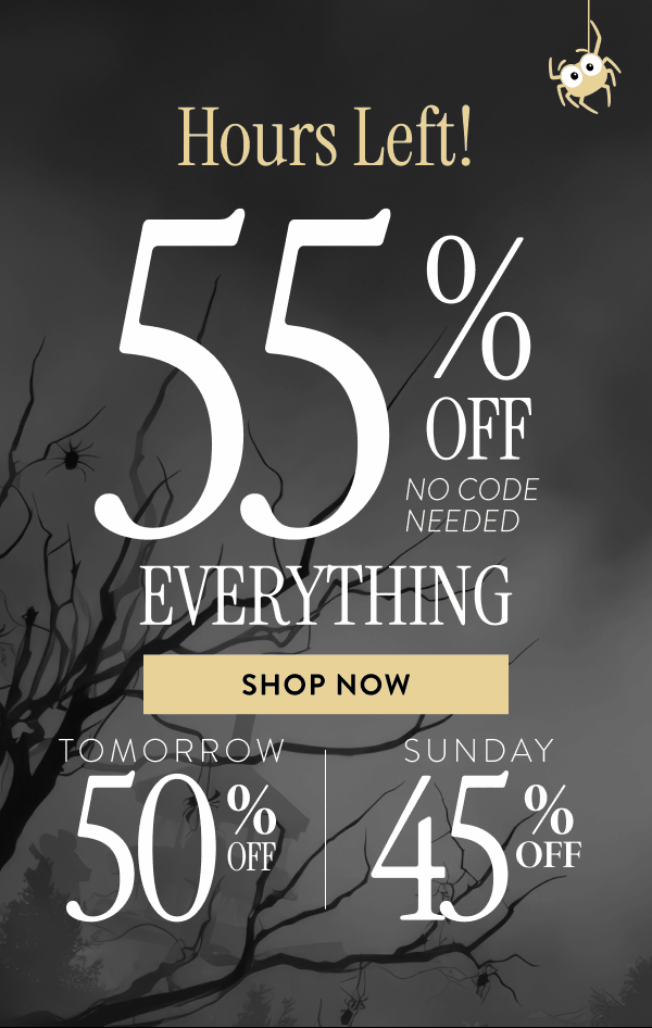 Hours Left! 55% Off Everything No Code Needed | Shop Now