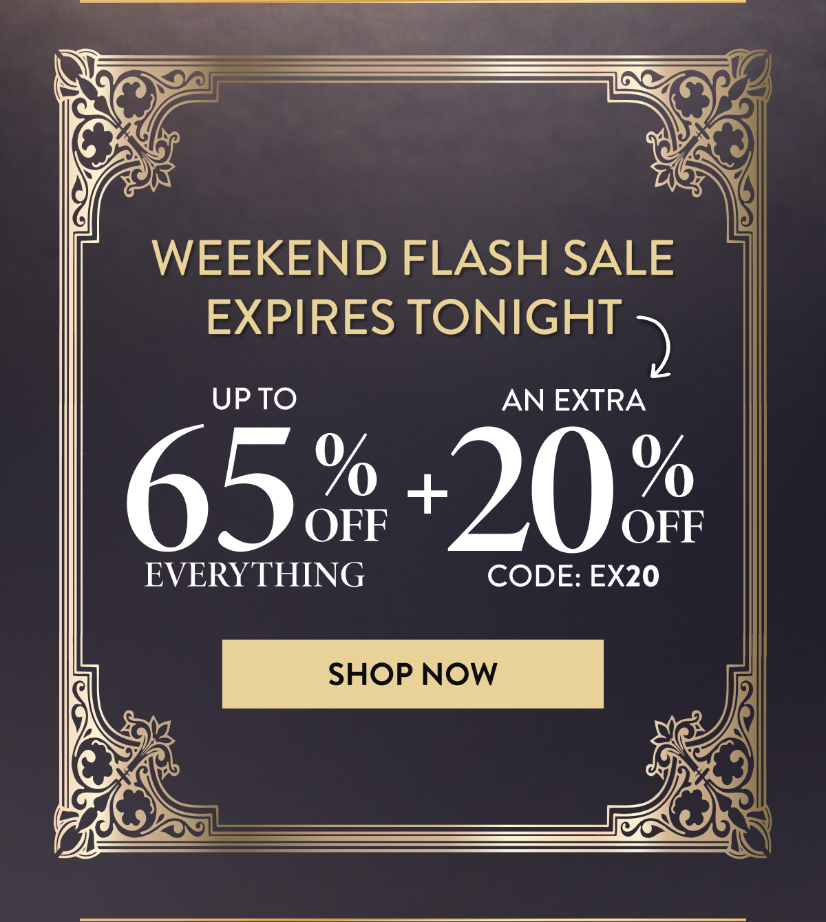 Up to 65% OFF Everything + An Extra 20% OFF | Code: EX20 | Shop Now