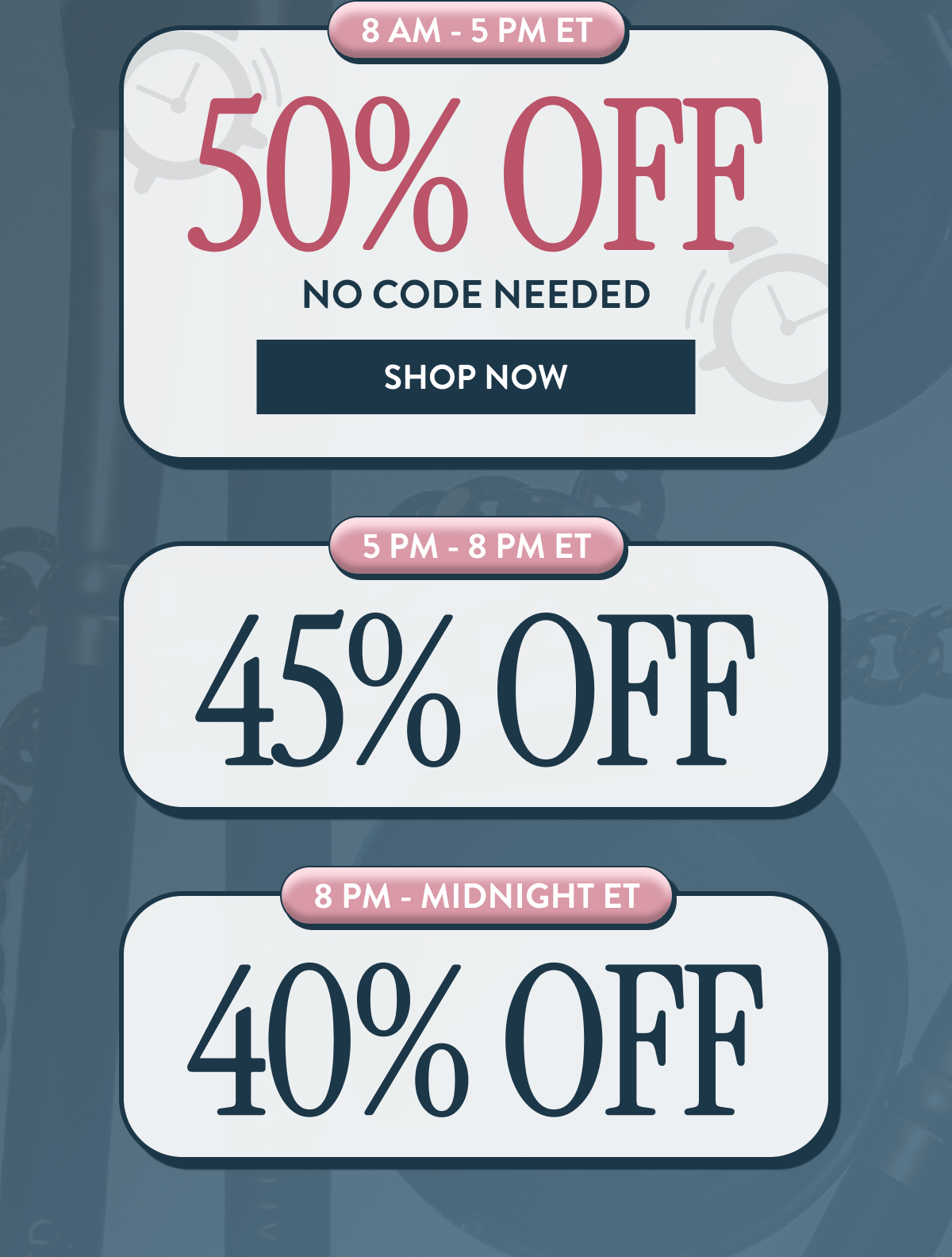 8 AM - 5 PM ET | 50% OFF No Code Needed | Shop Now