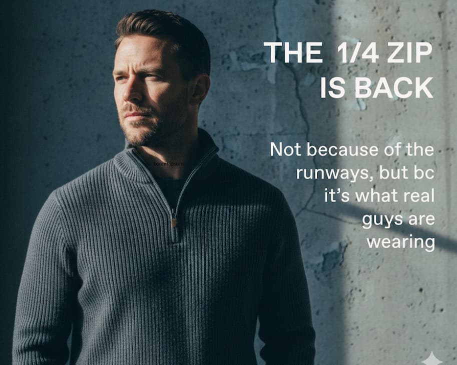 "The Cardigan Comes of Age" written next to a man who has a v-neck t-shirt with a cardigan over.