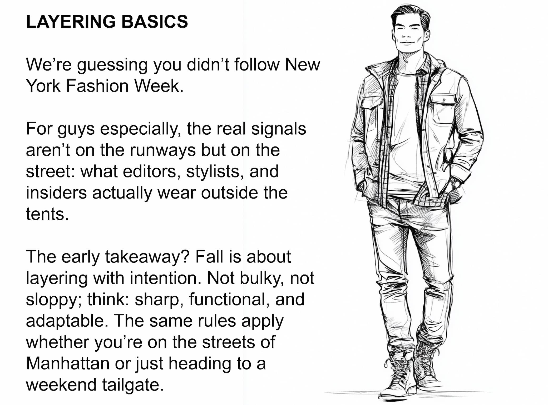 We’re guessing you didn’t follow New York Fashion Week. For guys especially, the real signals aren’t on the runways but on the street: what editors, stylists, and insiders actually wear outside the tents. The early takeaway? Fall is about layering with intention. Not bulky, not sloppy; think: sharp, functional, and adaptable. The same rules apply whether you’re on the streets of Manhattan or just heading to a weekend tailgate.
