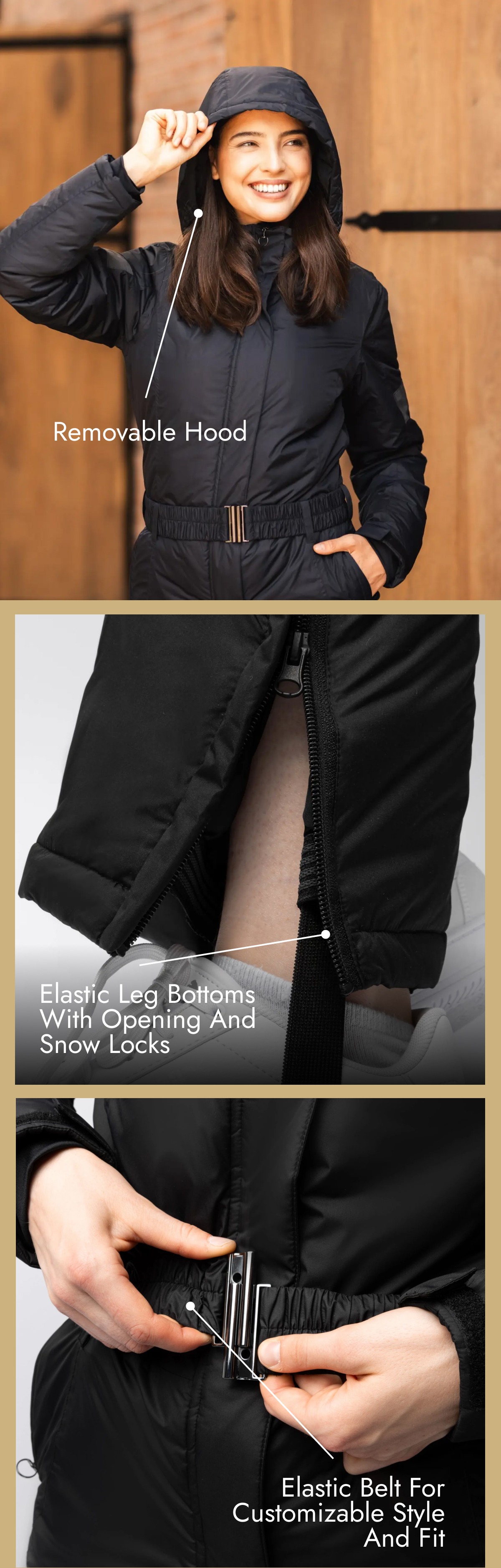 Removable Hood, Elastic Leg Bottoms and Belt.