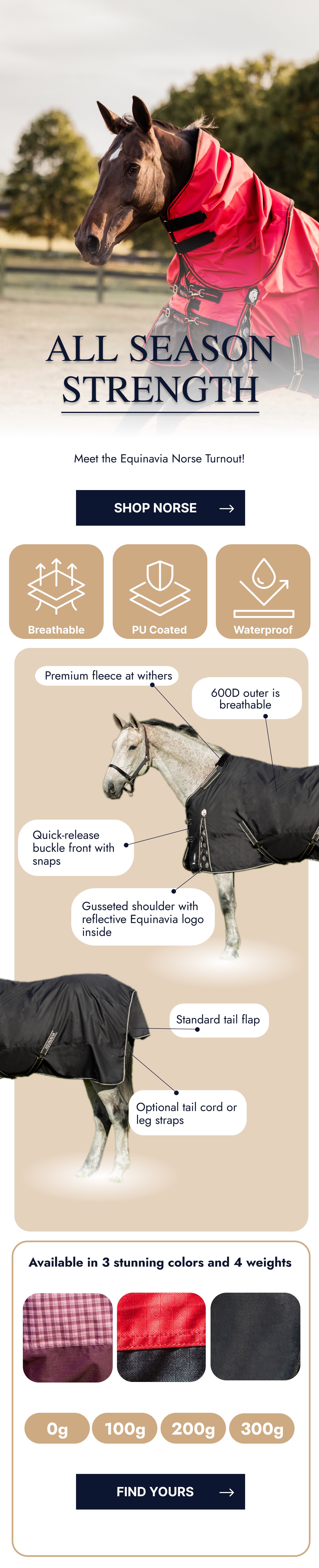 All Season Strength. Meet the Equinavia Norse Turnout. Breathable, PU Coated, Waterproof. Available in 3 stunning colors and 4 weights (0g,100g,200g,300g).