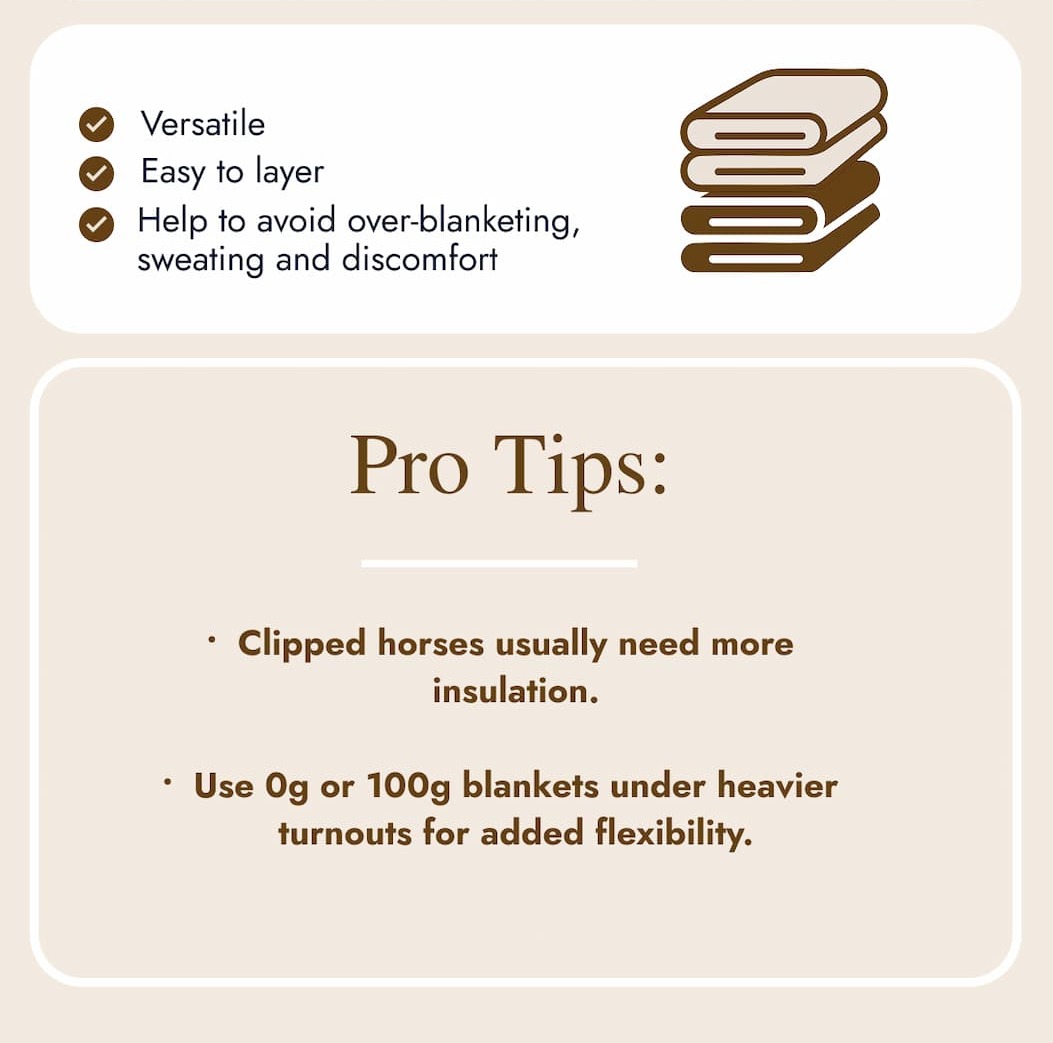 Versatile, Easy to layer, Help to avoid over-blanketing, sweating and discomfort. Pro Tips: Clipped horses usually. need more insulation. Use 0g or 100g blankets under heavier turnouts for added flexibility. 