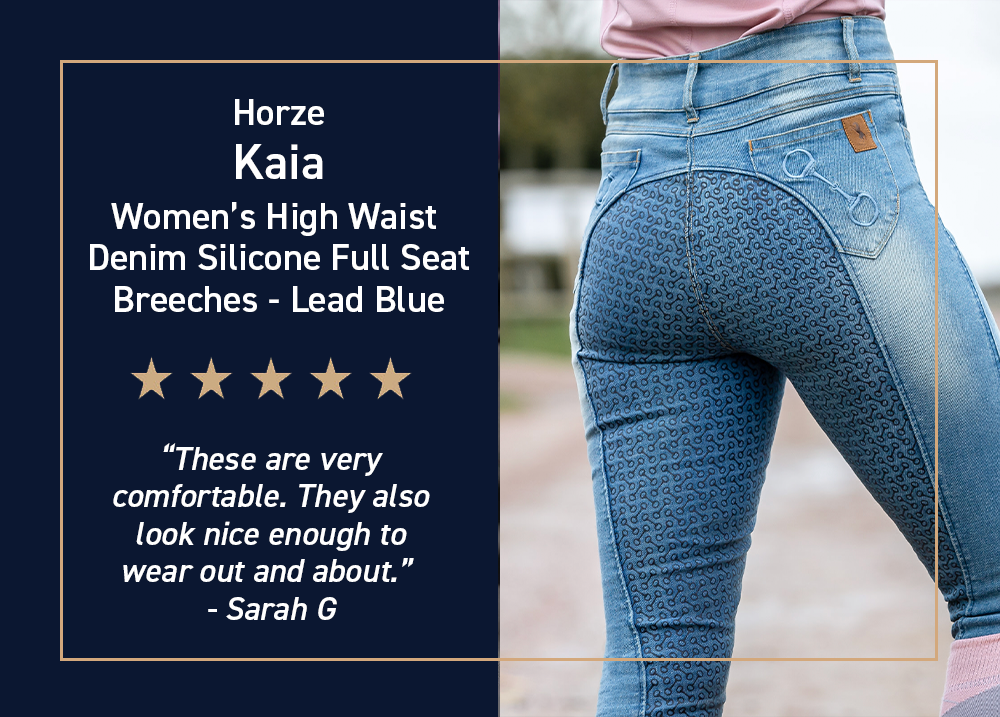 Horze Kaia Women's High Waist Denim Silicone Full Seat Breeches - Lead Blue