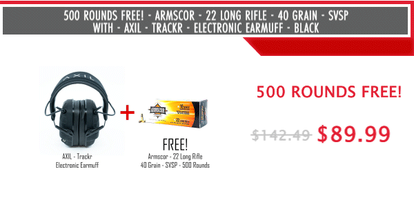 FREE! Armscor - 22 Long Rifle - 36 Grain - HVHP - 500 Rounds - with - AXIL - Trackr - Electronic Earmuff - Black
