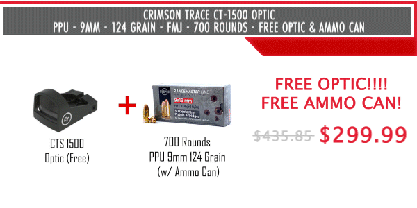 Crimson Trace CT-1500 Optic - PPU - 9mm - 124 Grain - FMJ - 700 Rounds - FREE Ammo Can