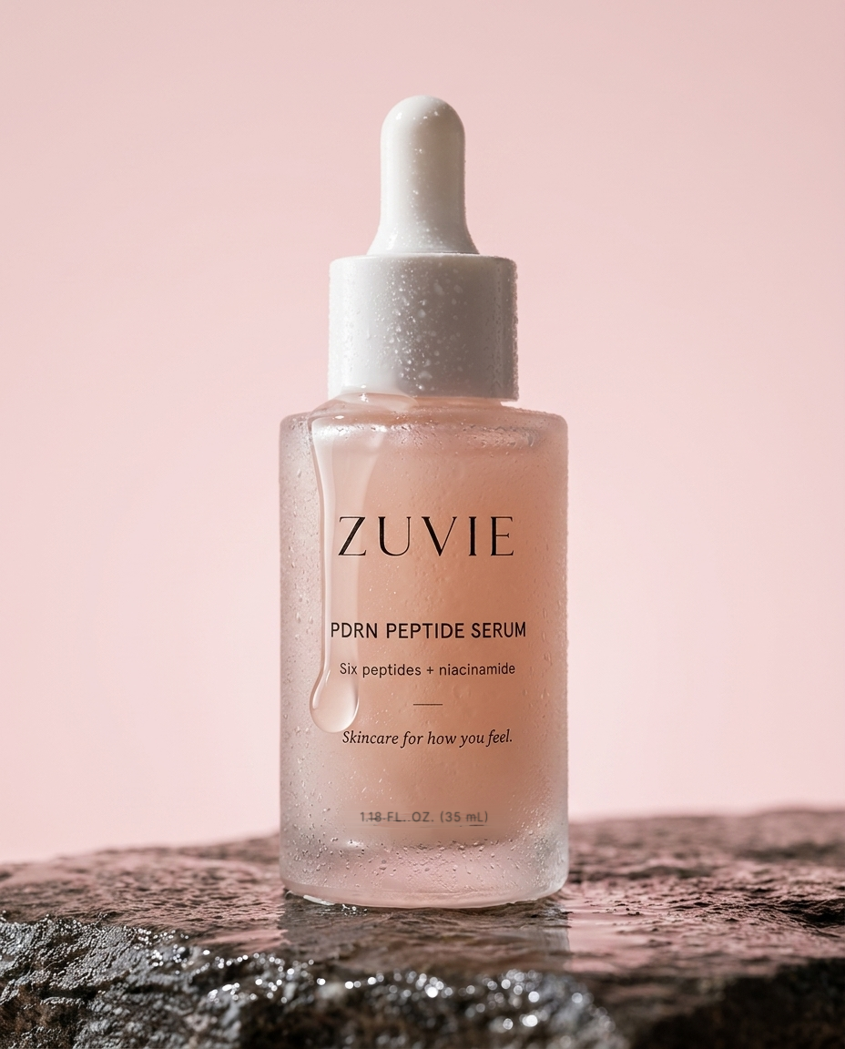 ZUVIE PDRN Peptide Serum: original pink bottle on wet stone