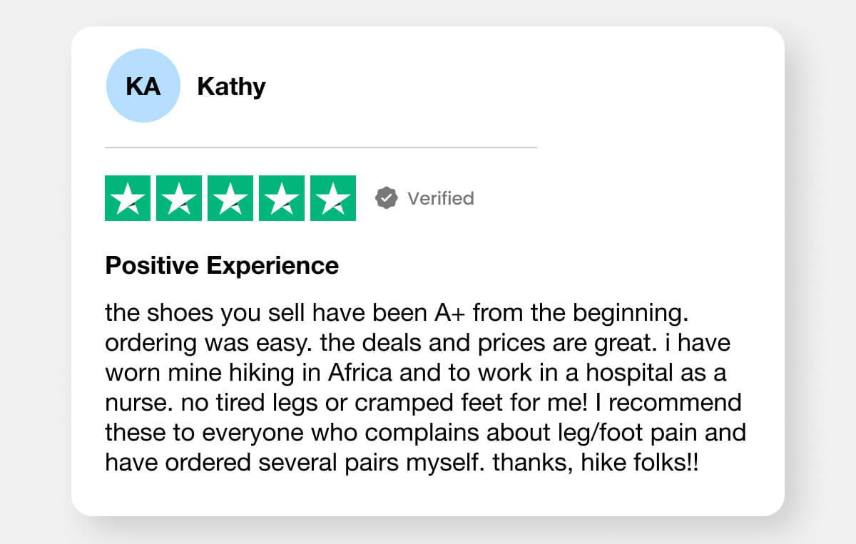 "the shoes you sell have been A+ from the beginning. ordering was easy. the deals and prices are great. i have worn mine hiking in Africa and to work in a hospital as a nurse. no tired legs or cramped feet for me! I recommend these to everyone who complains about leg/foot pain and have ordered several pairs myself. thanks, hike folks!!"