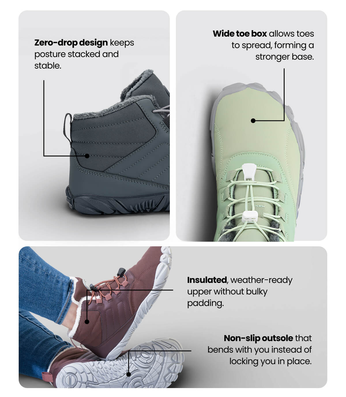 Zero-drop design keeps posture stacked and stable.