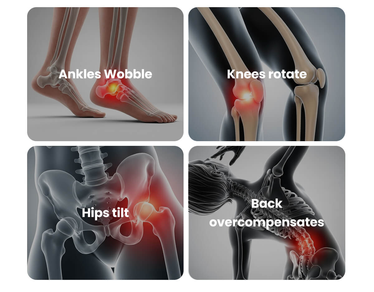 Ankles Wobble, Knees rotate, Hips tilt, Back overcompensates