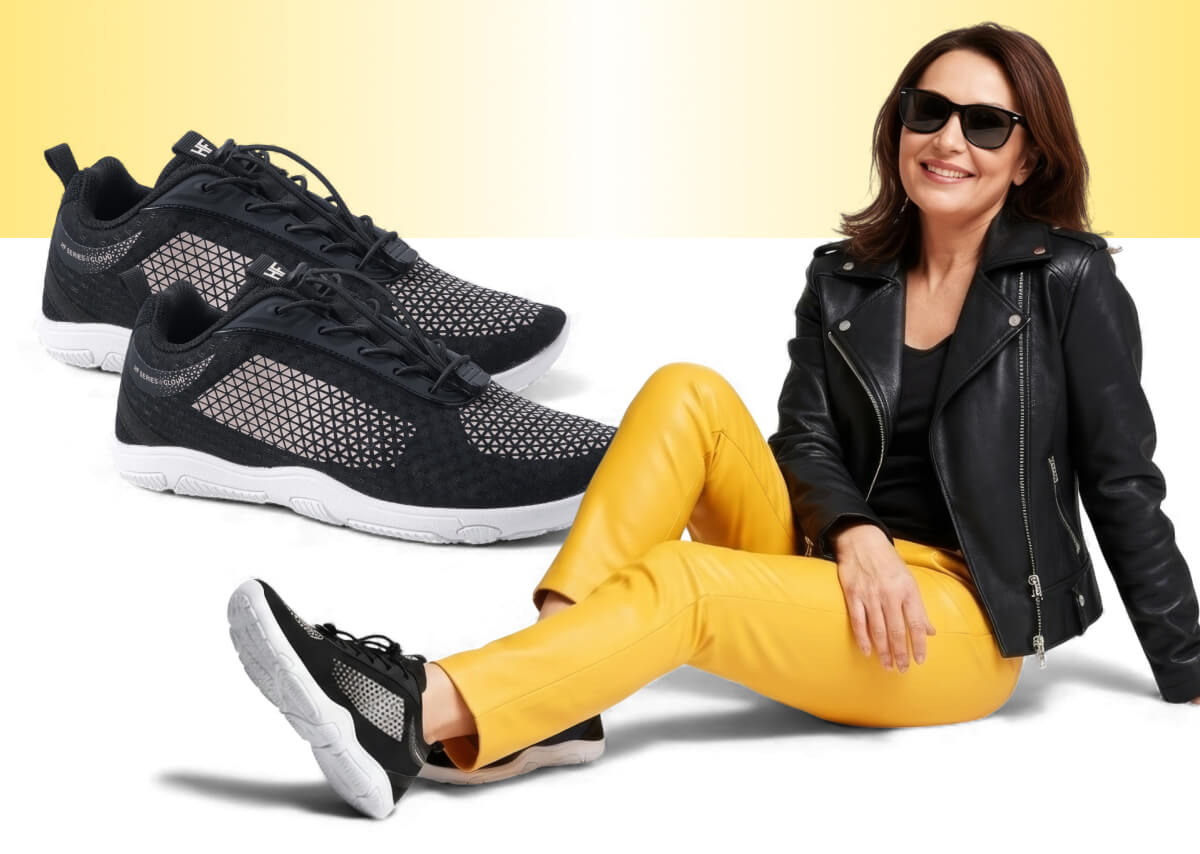 HF Cloud black sneakers shown beside a woman wearing the same pair while sitting and smiling.