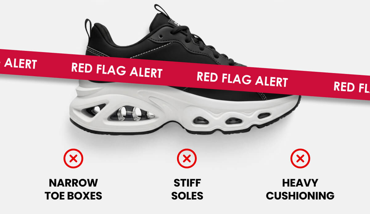 NARROW TOE BOXES, STIFF SOLES, and HEAVY CUSHIONING