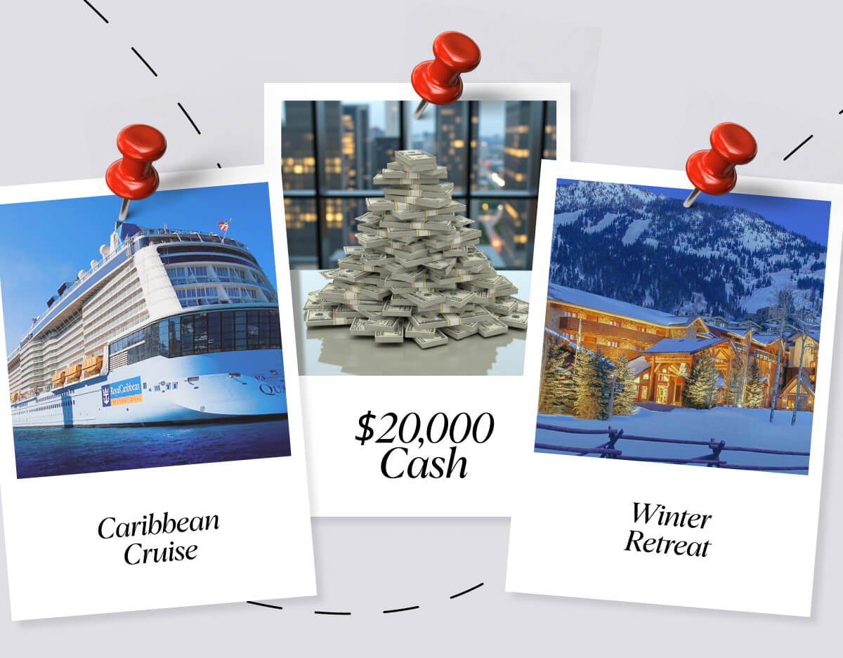 Every $1 you spend this month = 1 ticket to win a $20,000 Holiday of a Lifetime Giveaway — your choice of a Cruise Adventure, Winter Retreat, or Summer Paradise.