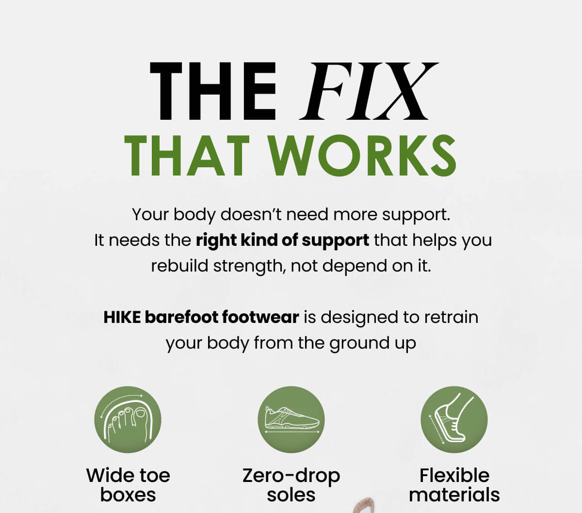 Your body doesn’t need more support.  It needs the right kind of support that helps you rebuild strength, not depend on it.  HIKE barefoot footwear is designed to retrain your body from the ground up