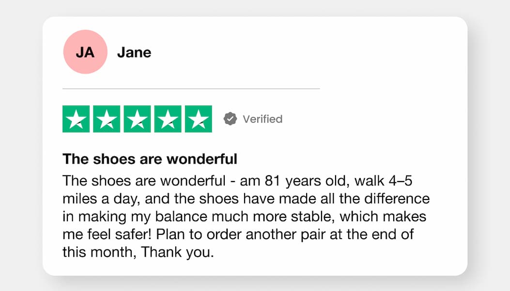 The shoes are wonderful - am 81 years old, walk 4–5 miles a day, and the shoes have made all the difference in making my balance much more stable, which makes me feel safer! Plan to order another pair at the end of this month, Thank you.
