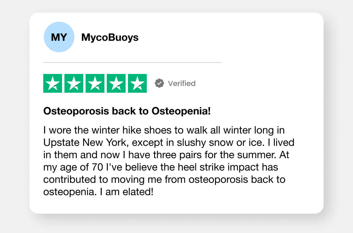 I wore the winter hike shoes to walk all winter long in Upstate New York, except in slushy snow or ice. I lived in them and now I have three pairs for the summer. At my age of 70 I've believe the heel strike impact has contributed to moving me from osteoporosis back to osteopenia. I am elated!