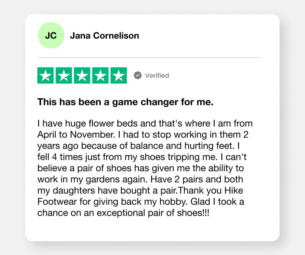 I have huge flower beds and that's where I am from April to November. I had to stop working in them 2 years ago because of balance and hurting feet. I fell 4 times just from my shoes tripping me. I can't believe a pair of shoes has given me the ability to work in my gardens again. Have 2 pairs and both my daughters have bought a pair.Thank you Hike Footwear for giving back my hobby. Glad I took a chance on an exceptional pair of shoes!!!