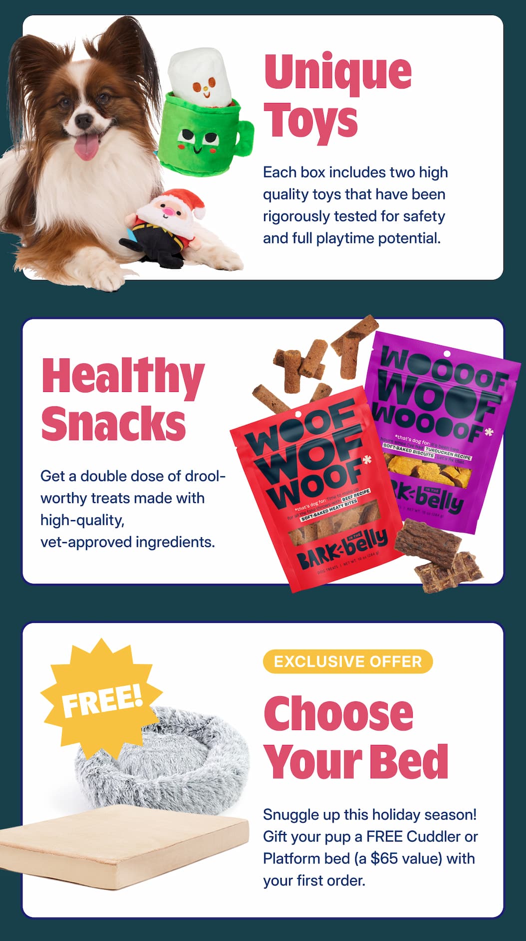 Unique toys and healthy snacks