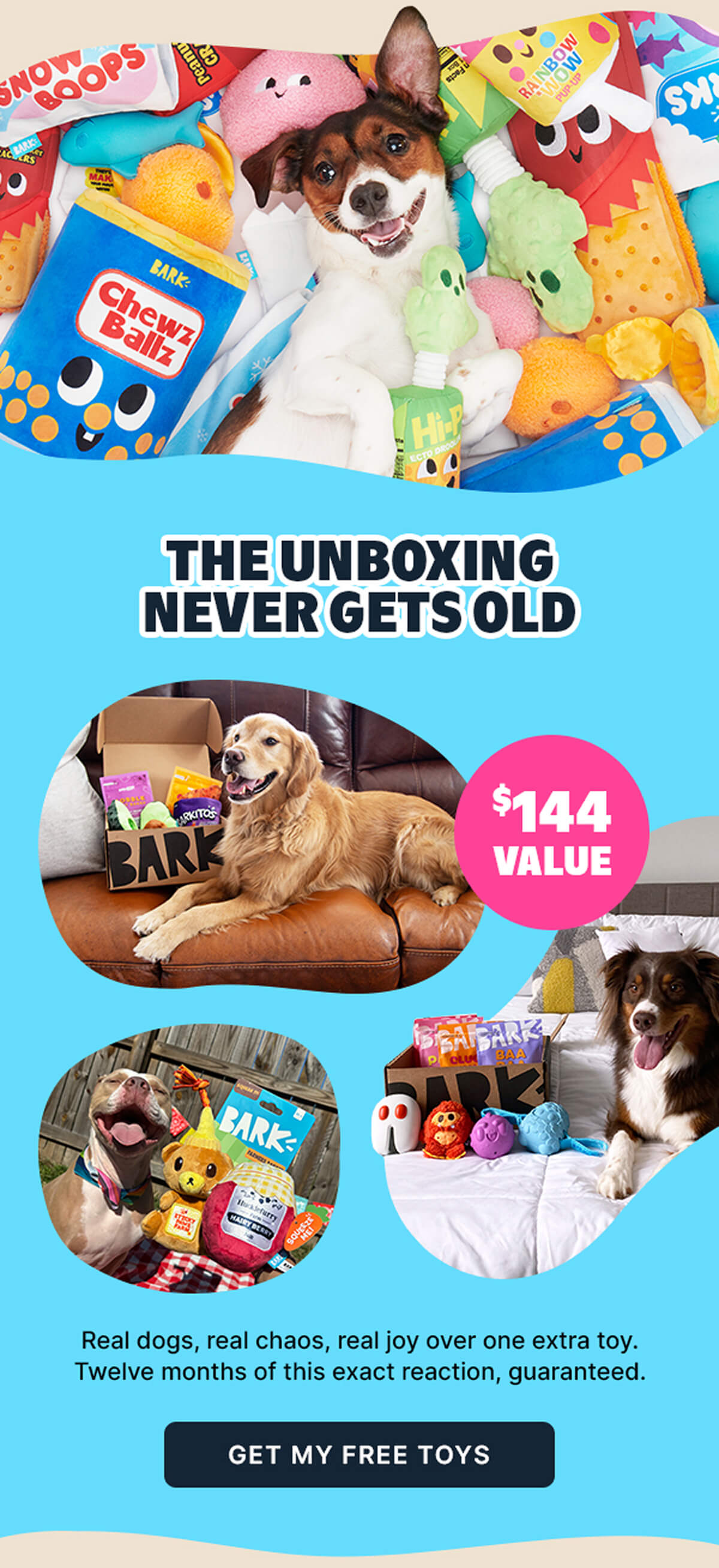 THE UNBOXING NEVER GETS OLD | $144 VALUE | Real dogs, real chaos, real joy over one extra toy. Twelve months of this exact reaction, guaranteed. | GET MY FREE TOYS