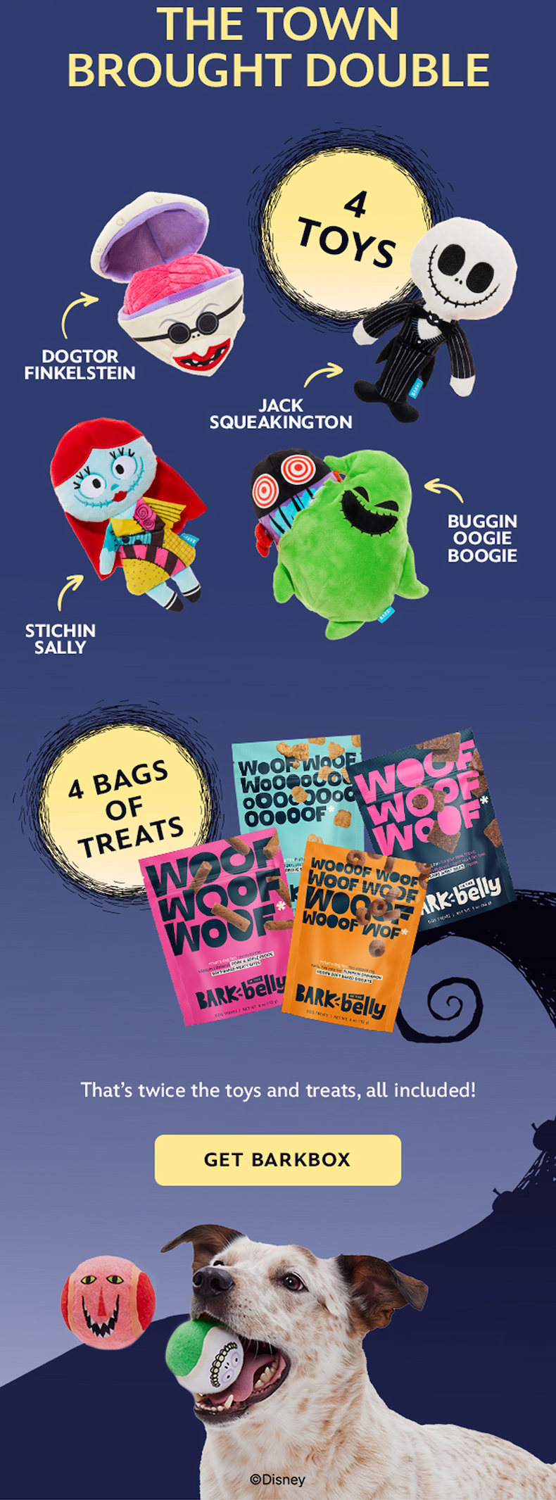 THE TOWN BROUGHT DOUBLE | 4 TOYS | 4 BAGS OF TREATS | That's twice the toys and treats, all included! | GET BARKBOX
