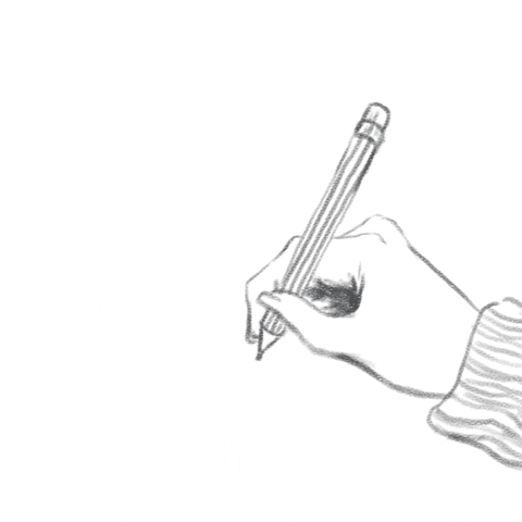Animated GIF of pencil sketch illustration of a hand in a striped sleeve holding a pencil. It draws the outline of a red heart and then fills it in.