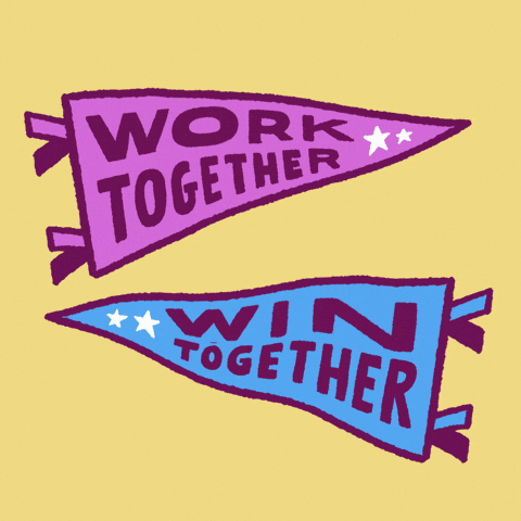 Animated illustration of two pennant flags on a yellow background: a purple flag reading 'Work Together' with two white stars, and a blue flag below it reading 'Win Together' with two white stars, both with pointed tails.