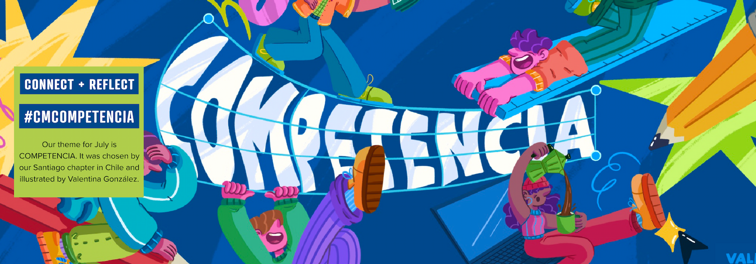 A vibrant, colorful illustration on a deep blue background featuring the word "COMPETENCIA" in bold white block letters stretched across a curved blue grid, as if being shaped on a digital design canvas. Six joyful, animated characters with diverse skin tones and brightly colored hair (purple, pink, brown) interact playfully with the lettering and oversized creative tools. One character rides a giant pencil like a rocket, another surfs on a blue ruler, two characters lift the letters from below, one runs across the top of the word holding a grid notebook, and another sits cross-legged with a laptop and coffee mug. Surrounding the scene are oversized creative objects including a yellow star, a green-and-orange pencil, pink ribbon swirls, and playful doodles. A yellow banner across the bottom reads "#CMCOMPETENCIA | ILLUSTRATION BY VALENTINA GONZALEZ" on the left and "CREATIVEMORNINGS" on the right. 