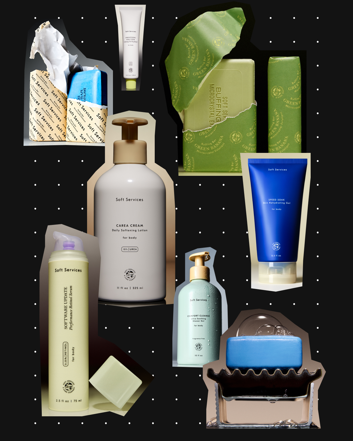 The Soft Services range — Carea Cream, Software Update, Speed Soak, Smoothing Solution, Green Banana Buffing Bar and the Comfort Cleanse set