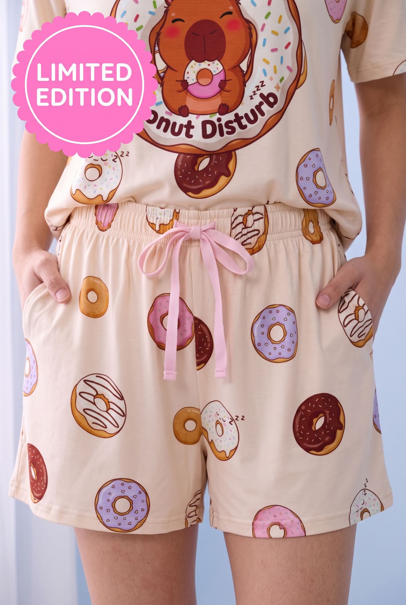 MySleepTee Donut Disturb bamboo sleep shorts and tee set with capybara plush