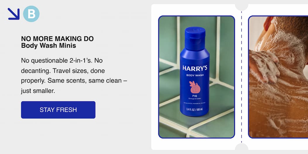 No more making do. Body wash minis. No questionable 2-in-1's. No decanting. Travel sizes, done properly.  Same scents, same clean - just smaller. Stay Fresh