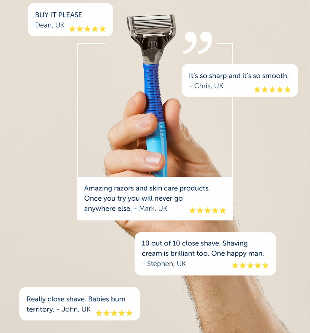 Image of razor handle and 5* reviews. Example review" Amazing razors and skin care products. Once you try you will never go anywhere else" - Mark UK