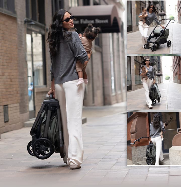 Mom holding baby folding and carrying the Kona stroller