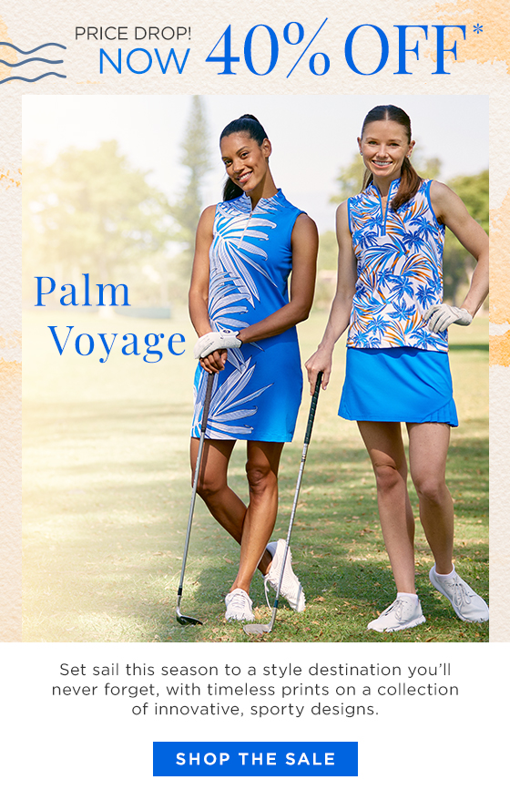 Two woman wearing different blue outfits from the collection with palm leaf designs