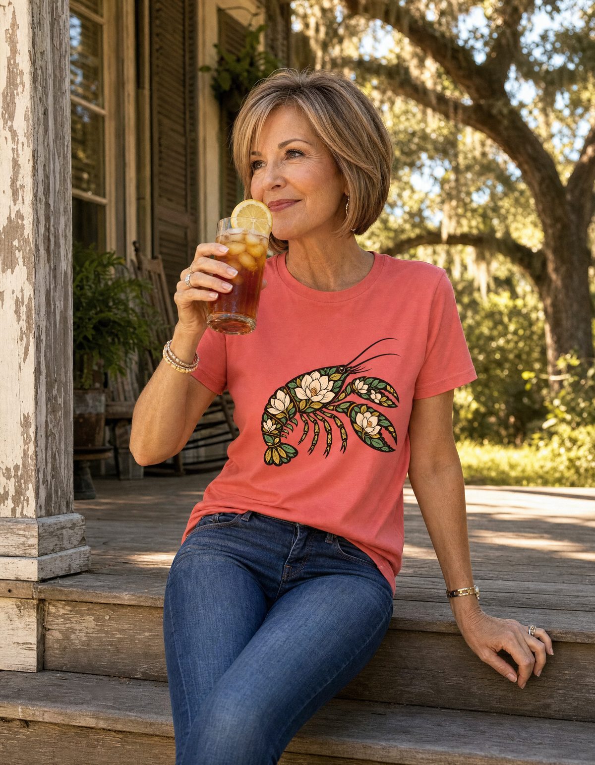 Larita, founder of Laissez Faire Wear, on a Louisiana porch wearing a crawfish t-shirt