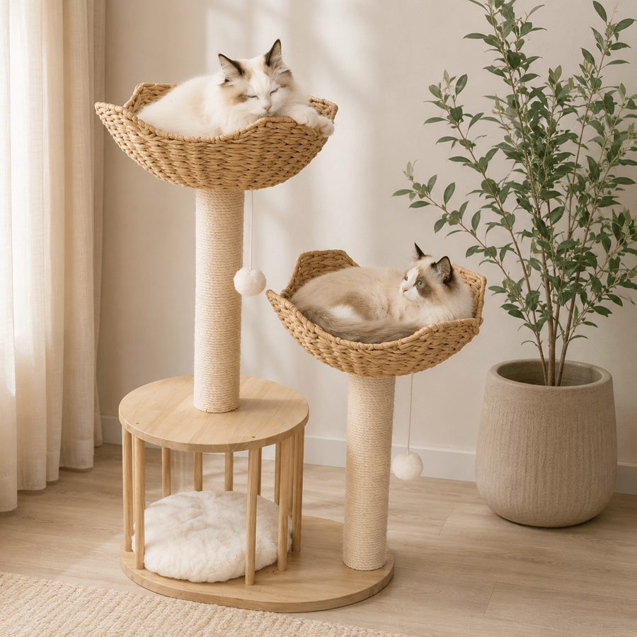 Two cats resting on a woven cat tree in a light living room