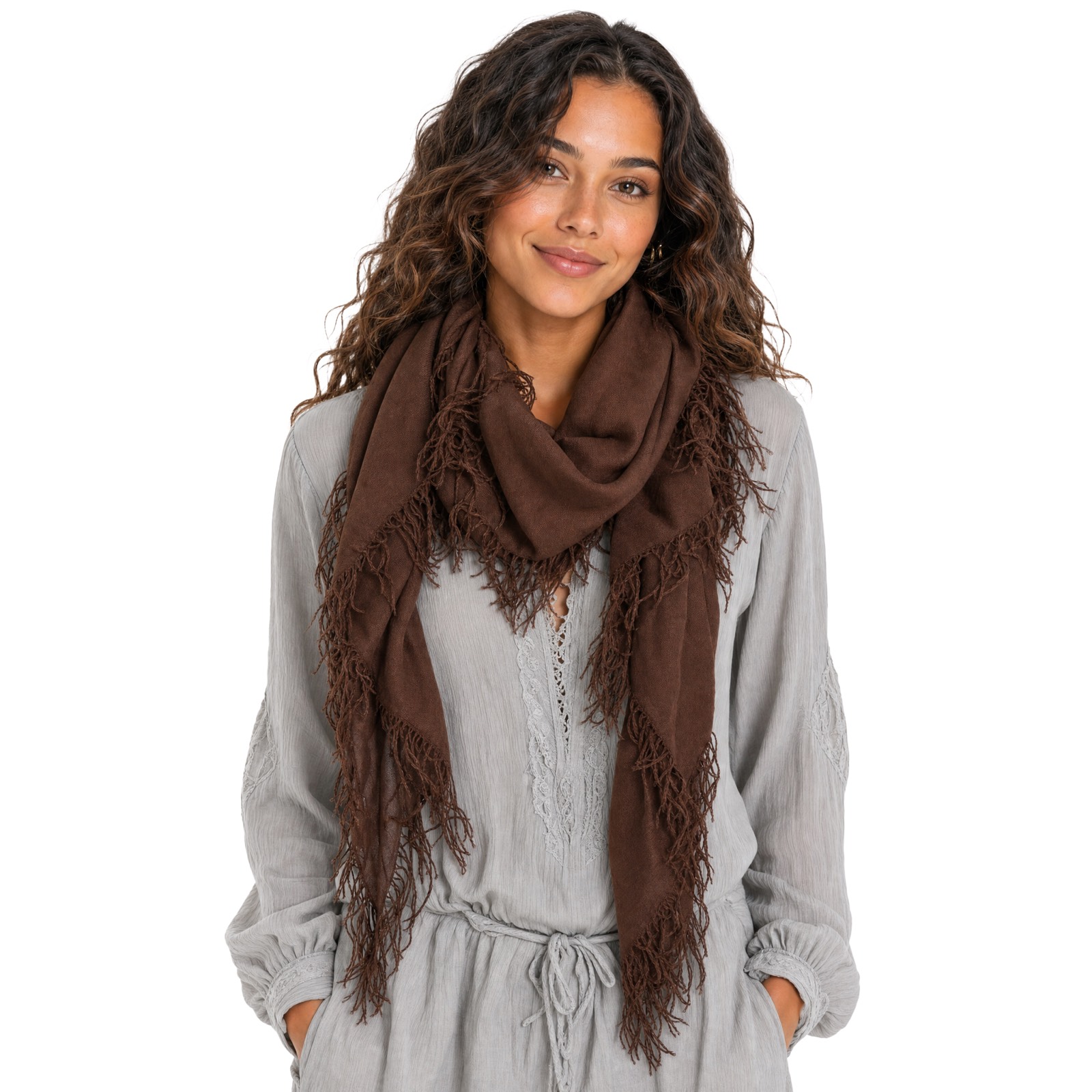 Cashmere Blend Solid Half Scarf in Espresso, on model