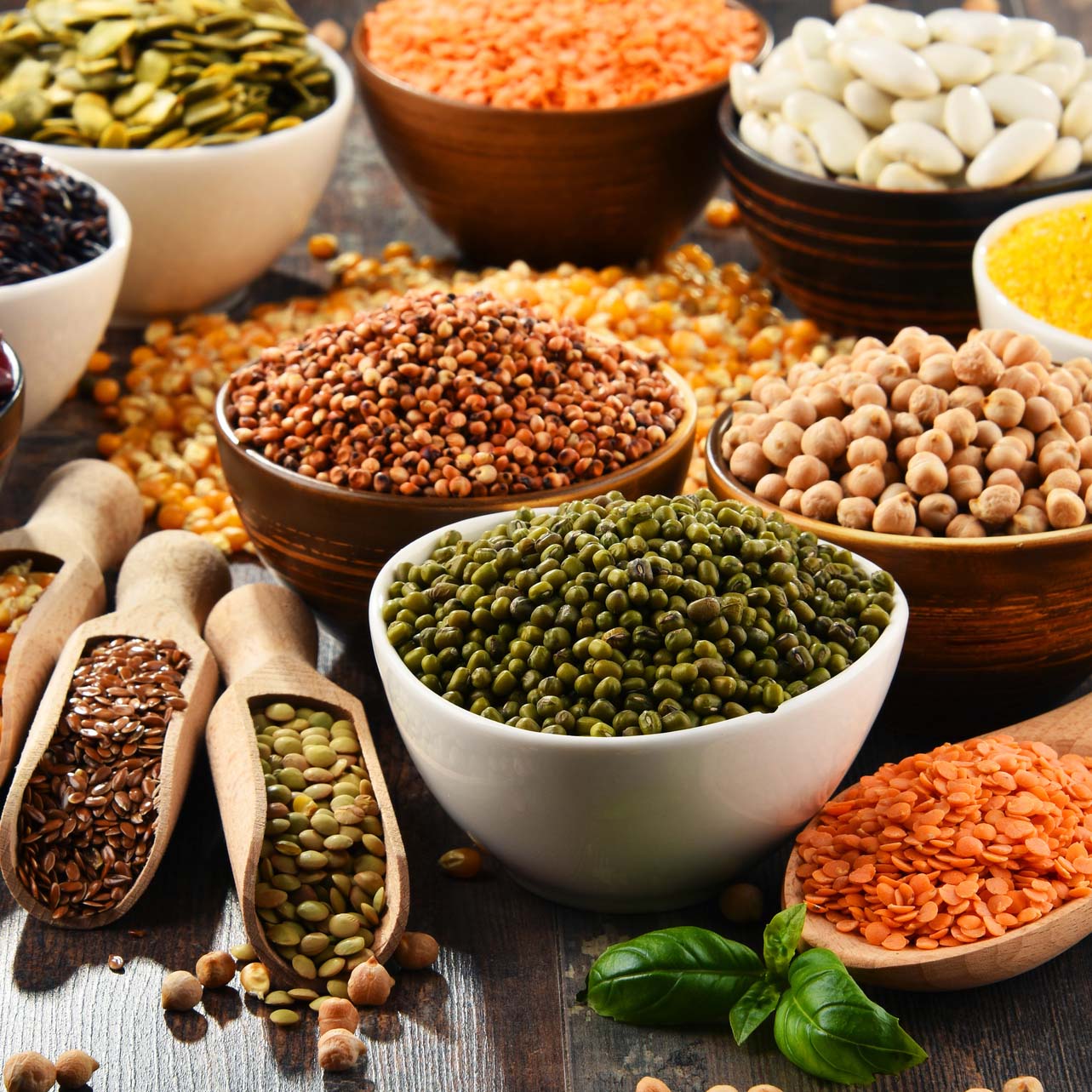 bowls of beans and lentils on a wooden surface