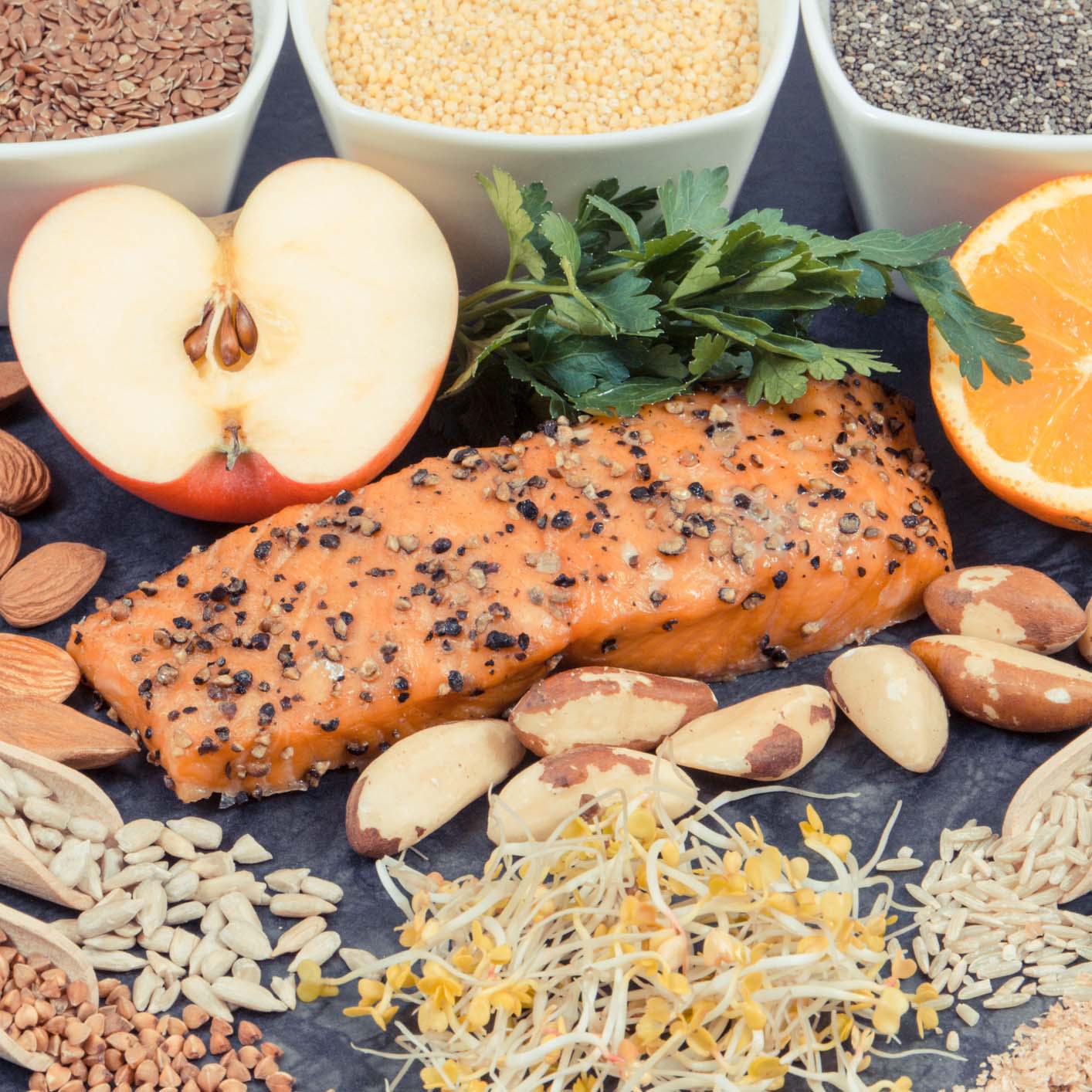 salmon, nuts, cheese, and apples 