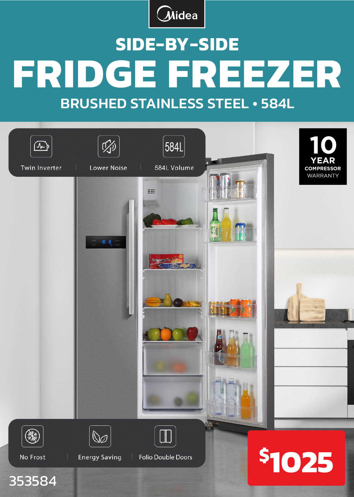 Midea 584L Sidebyside Fridge Freezer 1025