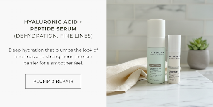 Dr. Zenovia Hyaluronic Acid + Peptide Serum for deep hydration, plumping fine lines, and strengthening the skin barrier. Click to plump and repair skin.