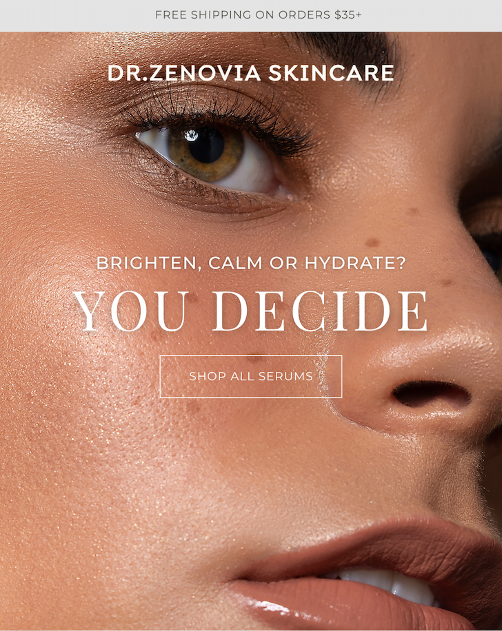 Close-up of glowing skin promoting Dr. Zenovia’s serum collection. Brighten, calm, or hydrate—click to shop all serums.