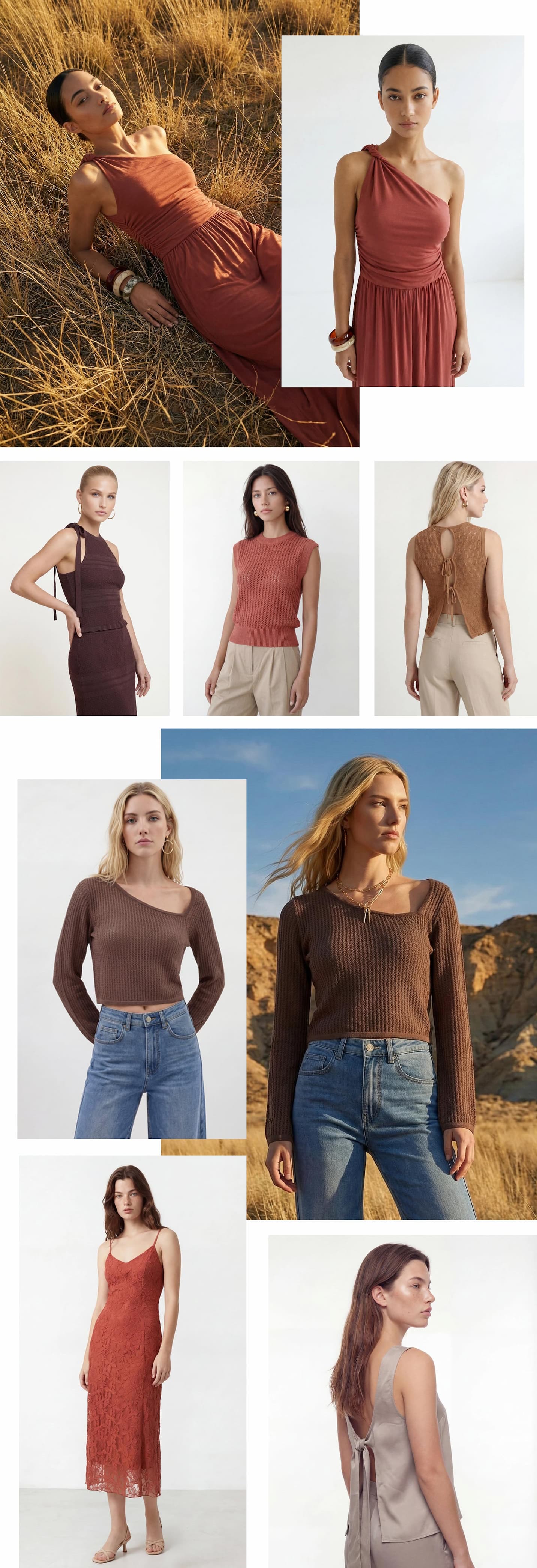 an image of a collage of photos of a woman in a white top and pink skirt