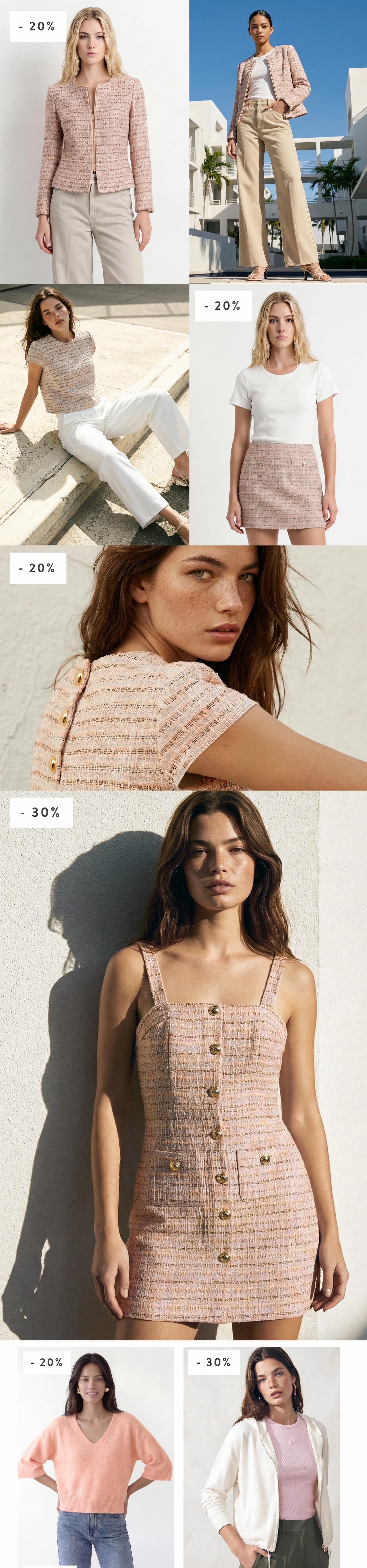 an image of a collage of photos of a woman in a white top and pink skirt