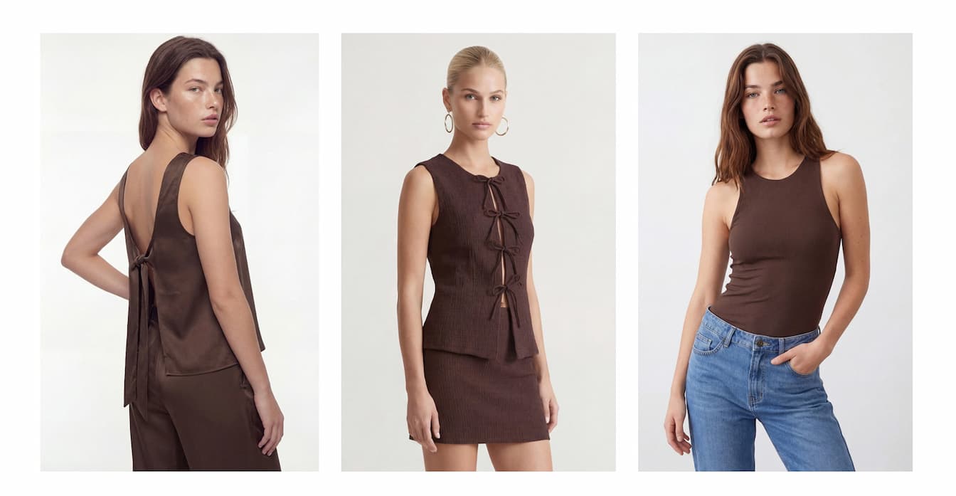 an image of a collage of photos of a woman in a white top and pink skirt