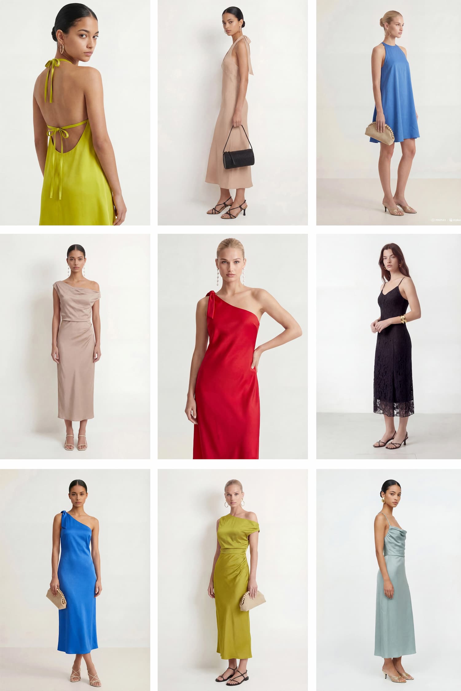 an image of a collage of photos of a woman in a white top and pink skirt