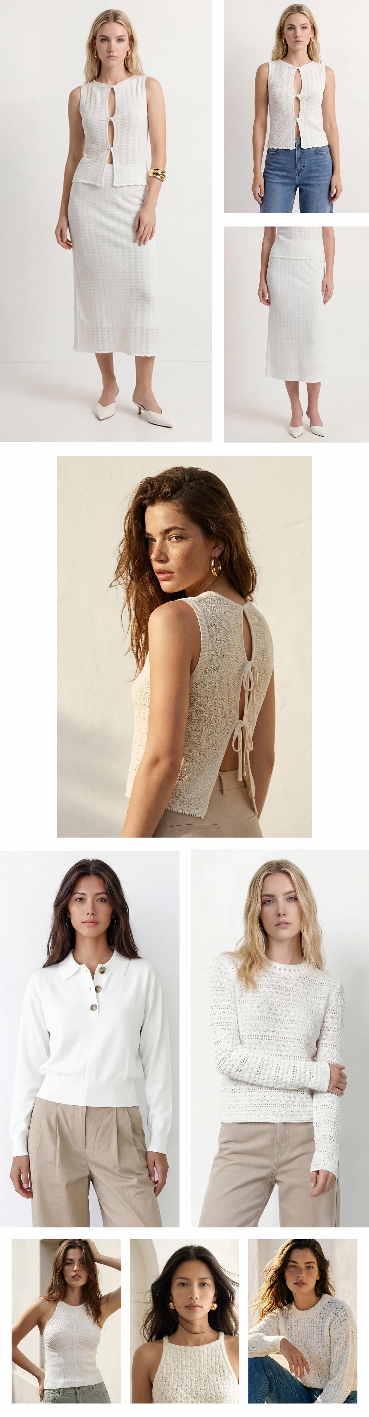 an image of a collage of photos of a woman in a white top and pink skirt