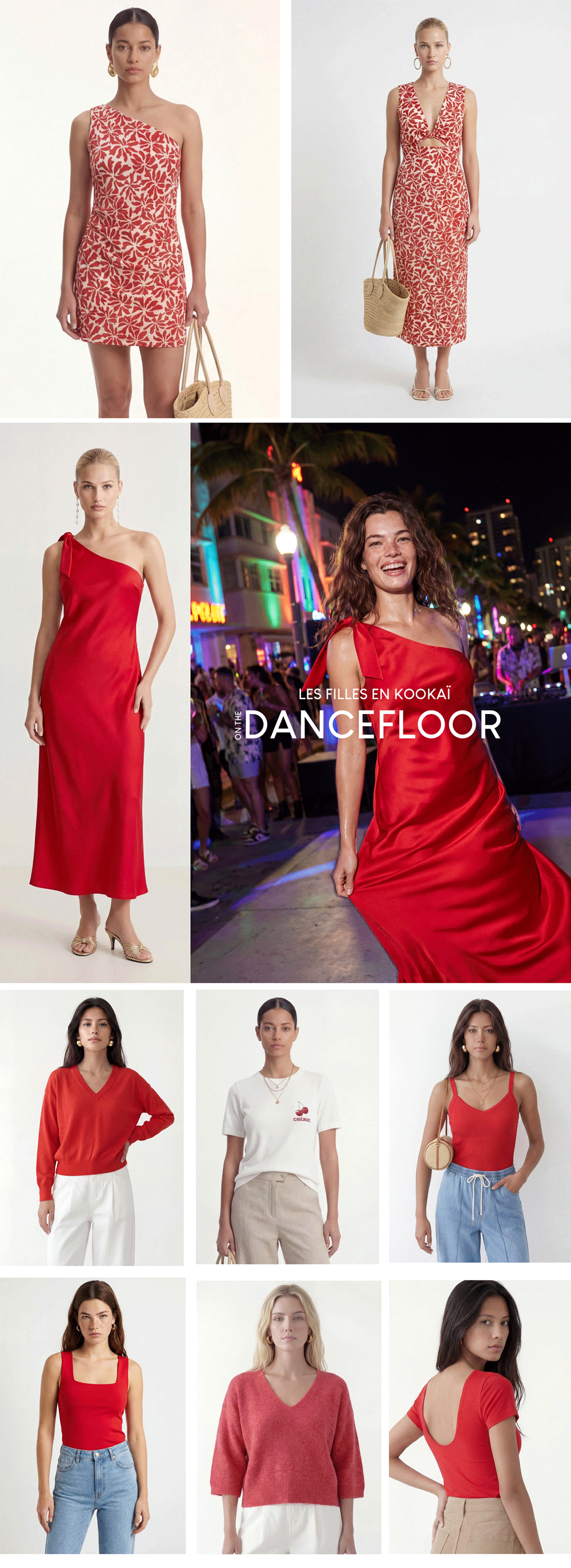 an image of a collage of photos of a woman in a white top and pink skirt